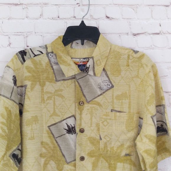 Havana Jacks Cafe Shirt Mens Medium Yellow Floral Silk Hawaiian Postcard Camp - Picture 2 of 9